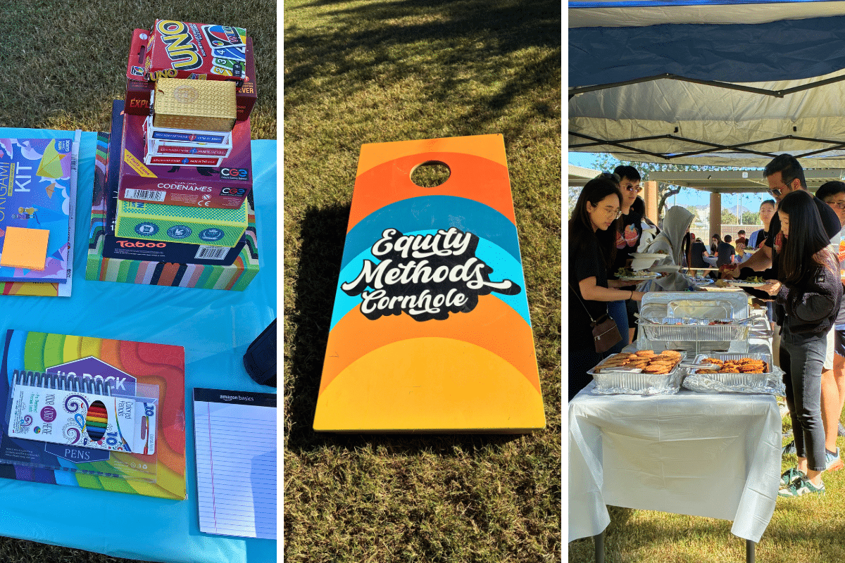 3 photos containing table top games and activities, an Equity Methods cornhole, and EM team members lining up for the buffet