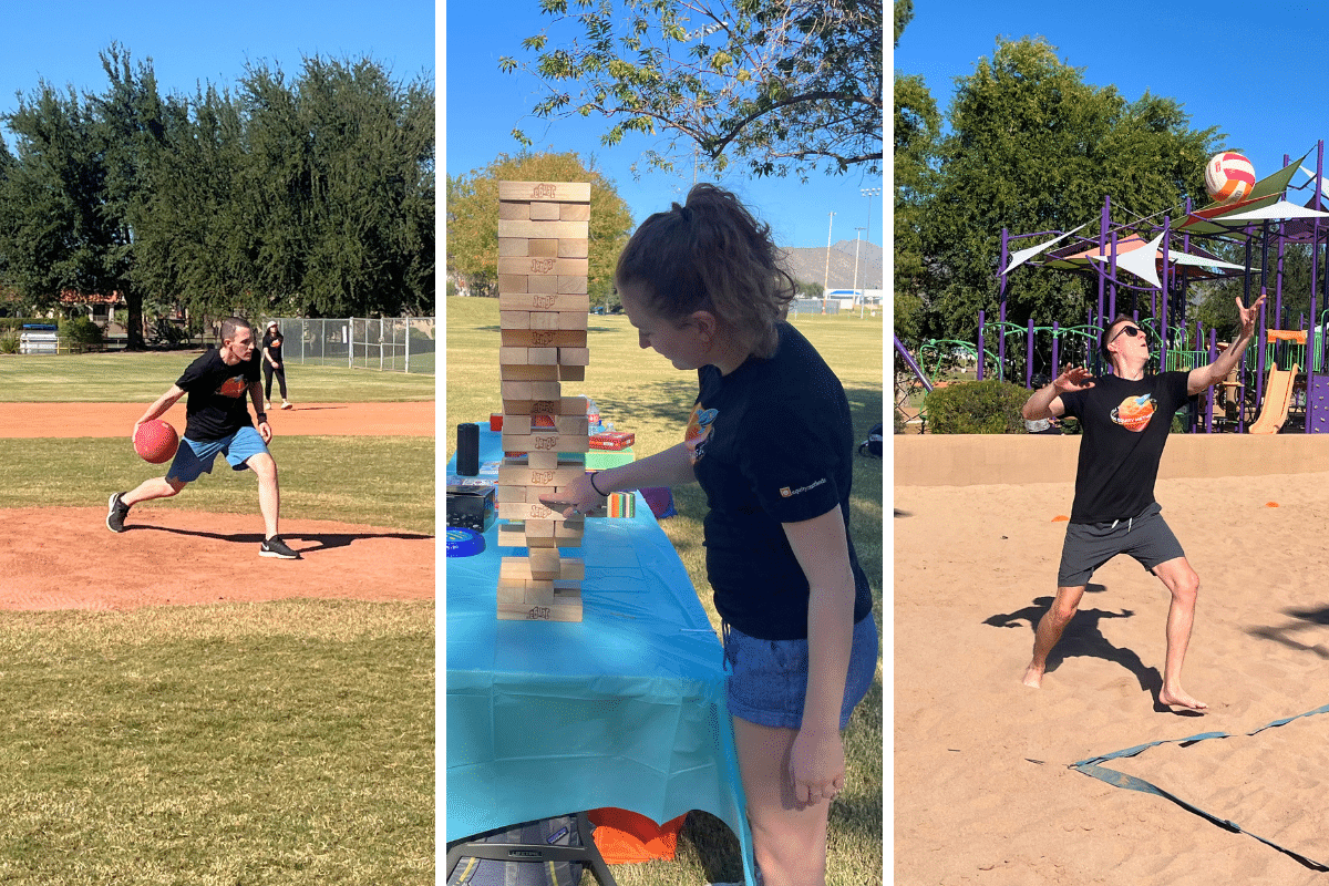 3 photos containing a man pitching a kickball, a woman playing jenga, and a man serving a volleyball